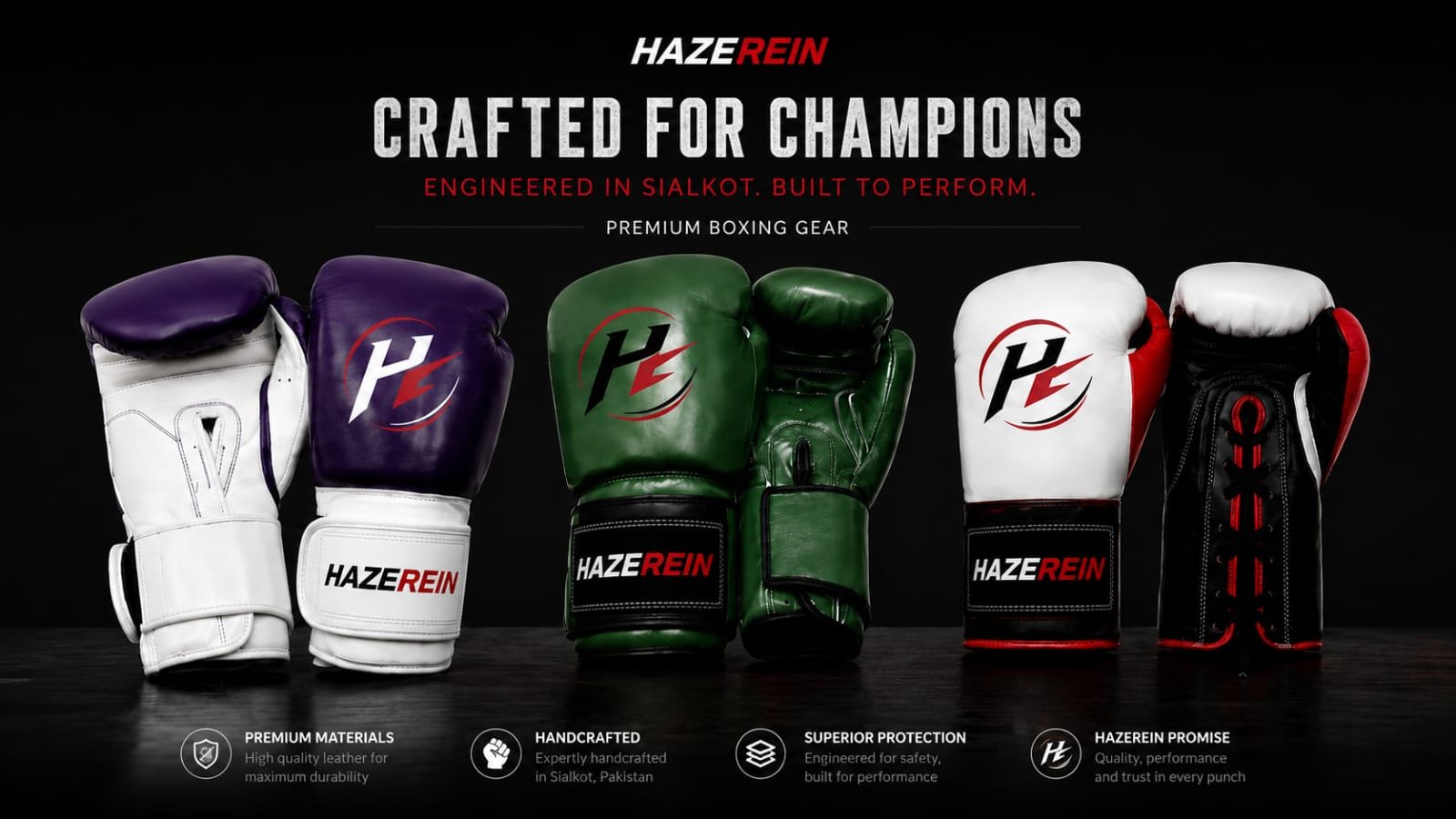Hazerein's first boxing glove prototypes featuring premium lace-up and hook-and-loop gloves for professional fights and training. Hand-crafted in Sialkot, Pakistan